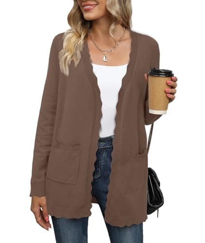 Image of Newshows Cardigans for Women UK Lightweight Ladies Long Sleeve Open Front Scalloped Knitted Elegant Cardigan Brown,XL