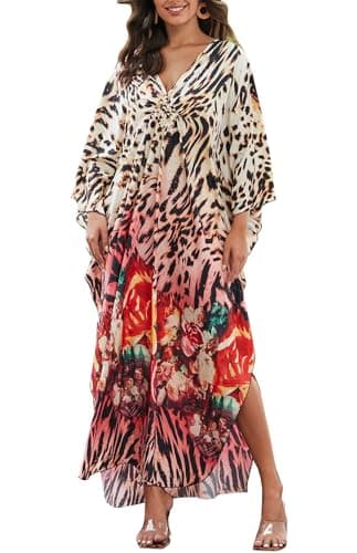 Image of Orshoy Womens Beachwear Coverups Kaftan Dress Loose Bathing Suit Bikini Cover Ups Maxi Caftan Tunic Free Size Leopard Flower