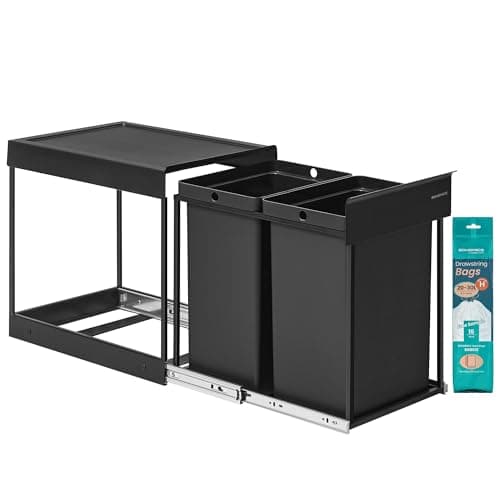 Image of SONGMICS Kitchen Bin for Recycling and Waste, Built-in Rubbish Bin for Cabinet, 2 x 5.3 Gallon (20 L) Double Compartments, Smooth Pull-Out Design, Steel Frame, ABS Lid, Ink Black LTB951B01