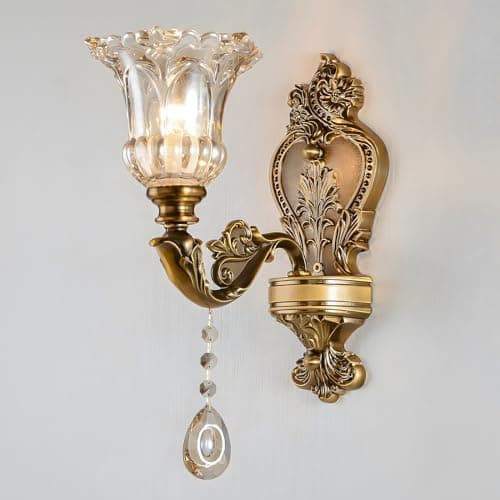 Image of Vintage Floral Wall Mount Lamp 1 Head Crystal Glass Shade Wall Sconce Light Retro Golden Bronze Color Decoration Metal Wall Lamp, Bedside Living Room Restaurant Stairs Hotel Bars (E14 Base, No Bulb)