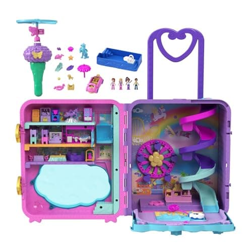 Image of Polly Pocket Pollyville, Resort Roll Away Playset with Rolling Wheels, 5 Play Areas, 4 Dolls, 1 Vehicle, 30 Toy Accessories, Toys for Ages 4 and Up, HKV43