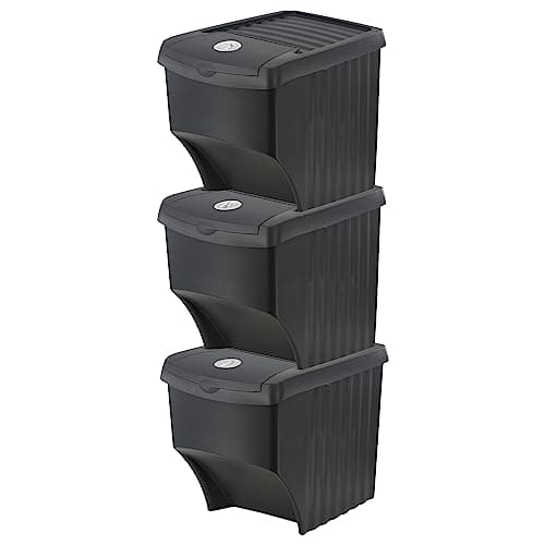 Image of GEEZY Recycling Bins for Kitchen, Set of 3 Stackable Bins, 22L Capacity Each - Lidded Design, Conscious Waste Separation, Guided Stickers Included - Great for Indoor Outdoor Use & Family Waste Sorting