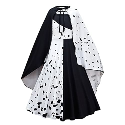 Image of Lito Angels Fashion Villain Dalmatian Black and White Spots Halloween Costume Fancy Dress Up with Cape for Kids Girls Age 12-13 Years