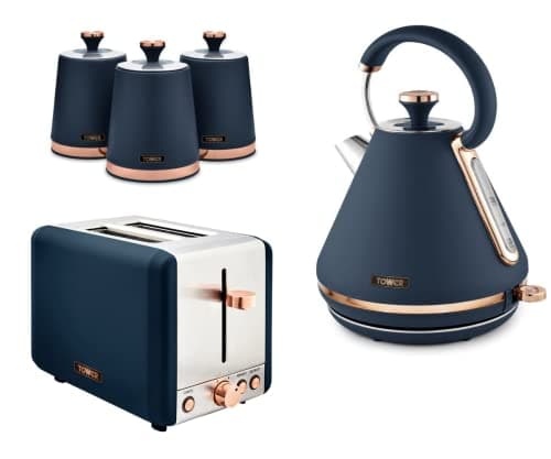 Image of Tower Cavaletto 1.7L 3 KW Pyramid Kettle, 2 Slice 850W Toaster and Set of 3 Tea, Coffee & Sugar Canisters. Contemporary Matching Kitchen Set of 5 Items in Midnight Blue & Rose Gold