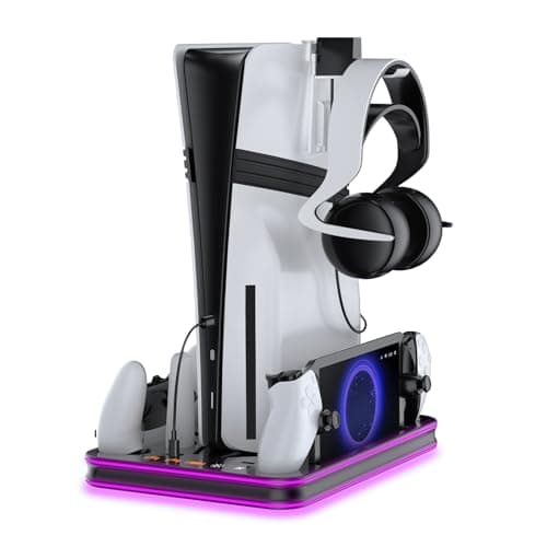 Image of EJGAME PS5 Pro/Slim/P5 Stand and Cooling Station with RGB Lighting Controller Charging Station for Playstation 5 Console, PS Portal Charging Dock, PS5 Pro Accessories with 3 Level Cooling Fan