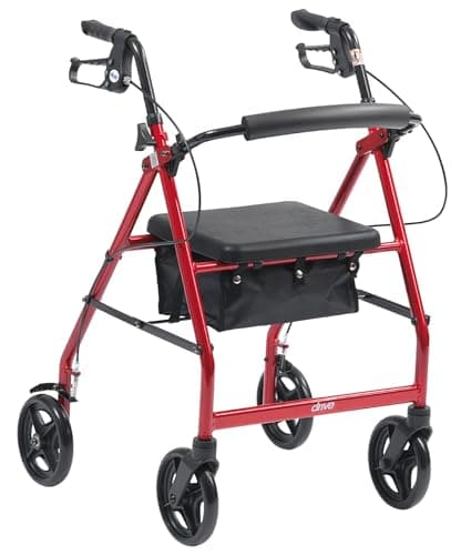 Image of Drive Medical Red Aluminum Rollator Walker Fold Up and Removable Back Support, Padded Seat and Bag