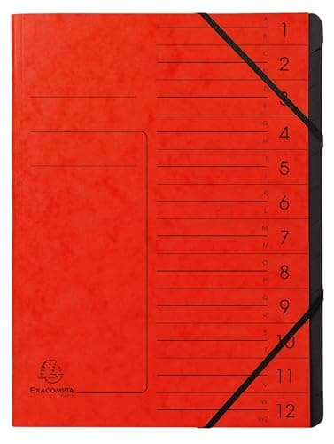 Image of Exacompta - Ref 541205E - Box of 10 File folders with stapled Spine - with Elastic Bands - Glossy Card Printed Cover and Black Recycled Card Interior - 12 compartments - 24.5X 32cm - A4 - red