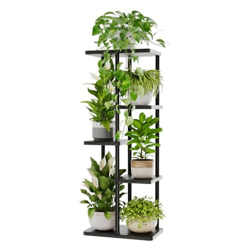 Image of Bamworld 5 Tier Plant Stands Indoor, Corner Shelf Tall Plant Stand for Multiple Indoor Plants, Metal Tiered Display Stand for Living Room Balcony Garden Patio, Black