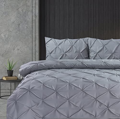 Image of Linen Home Pintuck Grey King Duvet Set Pinch Pleat Soft Microfibre King Bed Quilt Cover with 2 Pillowcases, Easy Care Wrinkle Free King Bedding Set of 3 Pcs (Grey, King Duvet Cover Set)