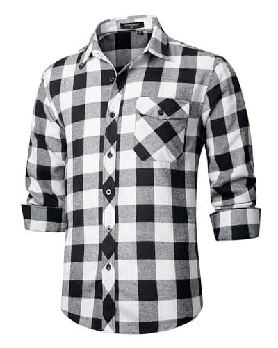 Image of HISDERN Mens Checked Flannel Shirts Long Sleeve Casual Plaid Shirt for Men Lumberjack Shirts Button Down Regular Fit Black White L