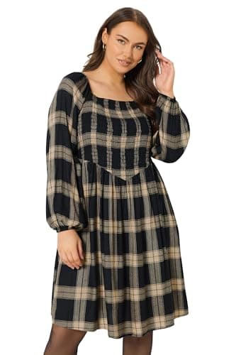 Image of Yours Curve Black & Check Shirred Mini Dress - Women's - Plus Size Curve