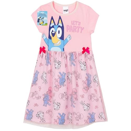 Image of Bluey Dress for Girls and Toddlers Summer Dress Cute Short Sleeve with Tulle Mesh Skirt for Party Casual Holiday Summer Gifts for Girls (7-8 Years, Pink)
