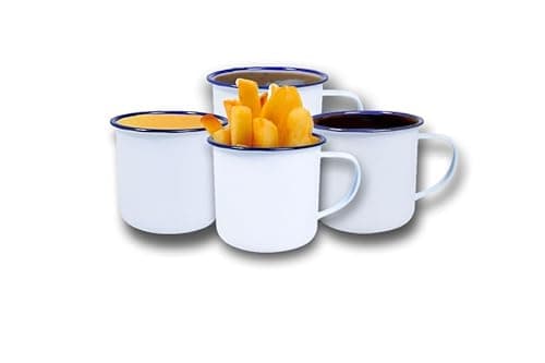Image of Vintage Gourmet ® Premium White Enamelware with Blue Rim, Oblong, Round Pie Dish Sets, Mugs, Iconic Retro Camping Tea/Coffee Mugs (Set of 4 Mugs 8cm - 350ml)