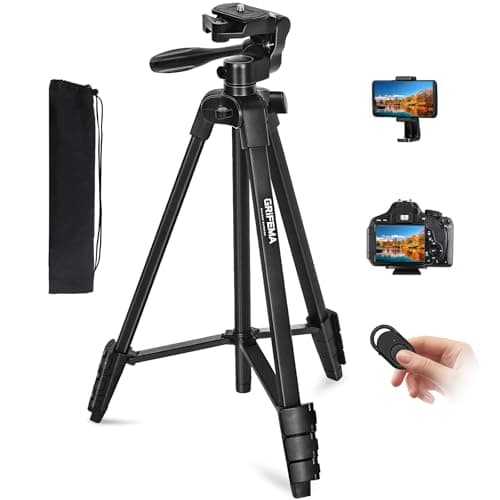 Image of GRIFEMA Tripod 55 inch /140cm, Foldable Aluminum Lightweight Phone Camera Tripod Stand with Wireless Remote Shutter, Phone Holder & Bag for Travel Video Photography YouTube Vlog, GB1001 -Black