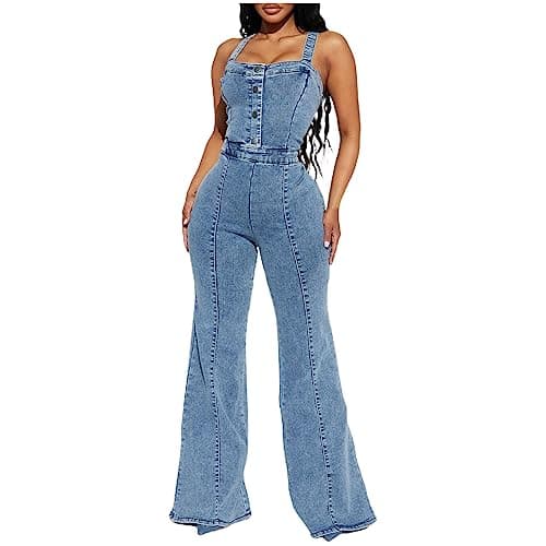Image of Womens Denim Jumpsuits One-Piece Fashion Sleeveless Wide Leg Flare Trousers Ladies Button Front Tank Tops with Back Zipper High Waist Vertical Seam Hip Hugging Flared Jeans