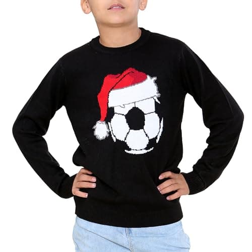 Image of NOROZE Boys Girls Unisex Kids Merry Christmas Football Soccer Ball Red Nose Rudolph Reindeer Moose Santa Tour Bus Muffler Scarf Pom Polar Bear Snowflake Jumpers Sweater (11-12 Years, Football Black)