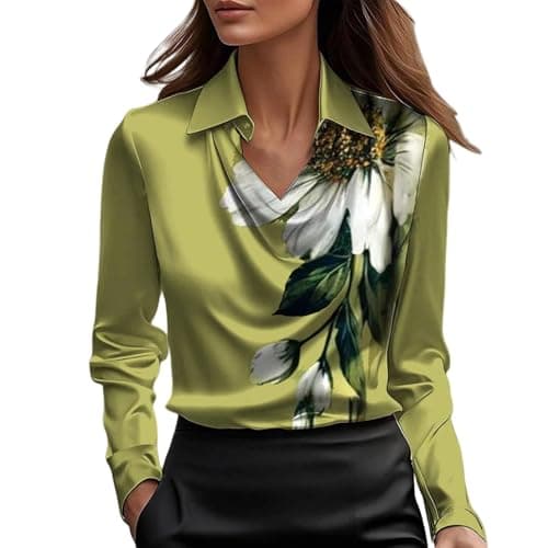 Image of Satin Blouses for Women Dressy Cowl Neck Collared Long Sleeve Tops Vintage Floral Print Shirt(Green, XL)