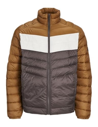 Image of JACK & JONES Mens Quilted Jacket Windproof 100% Nylon Long Sleeve Outdoor Puffer Jacket for Men, Mulch Colour, Size- L