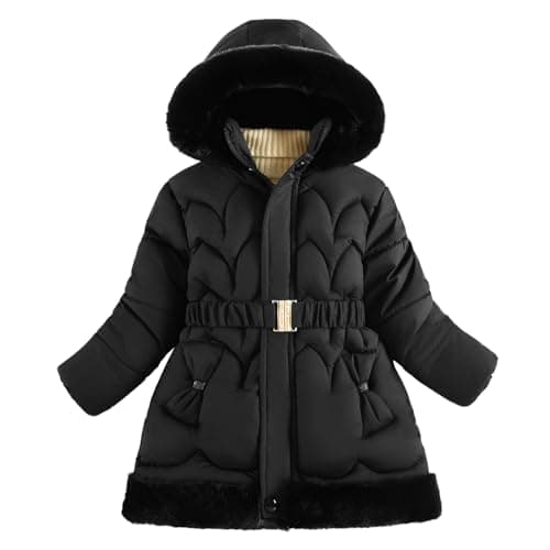 Image of semen Kids Girls Winter Warm Fleece Lined Faux Fur Hooded Jackets Full Zip Up Outerwear School Dress Coats with Belt for Age 5-12 Years