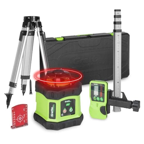 Image of Grettz G60 Red Beam Rotary Laser Level Kit – 400 m Range w/Receiver, ±3 mm @30m Accuracy – Includes Aluminium Tripod, 2 m Staff, Hard Carry Case – Professional Indoor & Outdoor Levelling Tool
