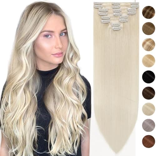 Image of Silk-co Clip-In Hair Extension 8 Pieces Smooth Shiny Hair Extension Natural Human Hair Natural Thick 8 Inches/20 cm, Platinum Blonde