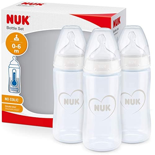 Image of NUK First Choice+ Baby Bottles | 0-6 Months | 300 ml | Anti-Colic Bottles with Orthodontic Silicone Teat | Temperature Control | BPA-Free | Grey & White | 3 Count