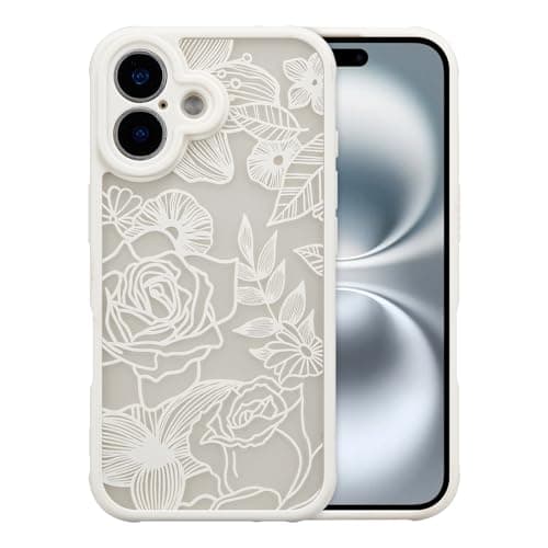 Image of XIZYO Case for iPhone 17 6.3 Inch, Cute Frosted Translucent Rose Floral Flower Pattern Shockproof Cover, for Girls Women Luxury Soft TPU Protective Phone Case, White