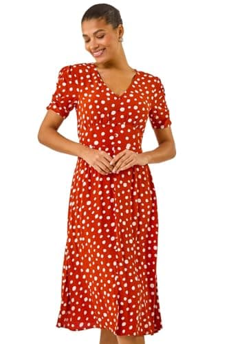 Image of Roman Originals Swing Tea Dress Women UK Ladies Skater Midi A Line Fit & Flare Summer Casual Smart Cocktail Party Going Out Work Cruise Button Through Long Pocket - Polka Dark Orange - Size 14
