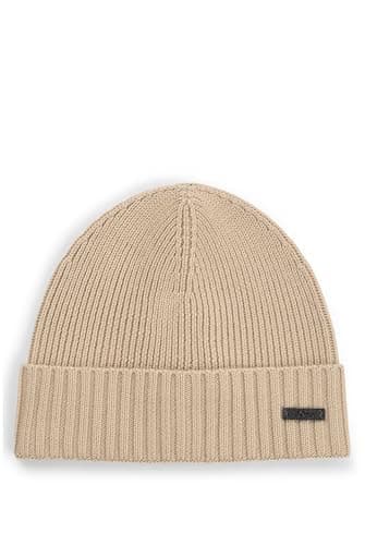 Image of BOSS Mens Fati Logo-Label Beanie hat in Virgin Wool