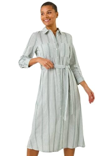 Image of Roman Originals Shirt Dress for Women UK- Ladies Long Sleeve Belted Collared Midi Maxi Winter Autumn Smart Casual Button Through Evening Office A Line Swing Skater - Stripe Khaki - Size 14