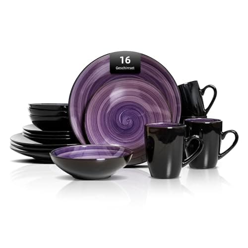 Image of HomeVSS 16 Piece Dinnerware Set Service for 4, Plates and Bowls Set with Mug, Ceramic Dinner Set, Microwave and Dishwasher Safe, Sonoma Collection Dish Set, Hand-Painted Swirl Purple