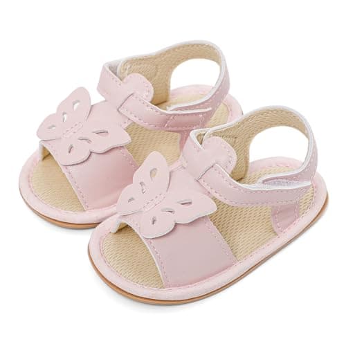 Image of LACOFIA Baby Girls Sandals Infant Breathable Summer Sandals First Walking Shoes with Anti-Slip Soft Sole Pink Butterfly 6-12 Months