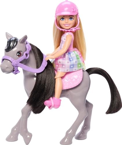 Image of Barbie Chelsea Doll & Toy Horse Set, Includes Helmet Accessory & Saddle, Small Doll Bends at Knees to “Ride” Gray Pony, HTK29