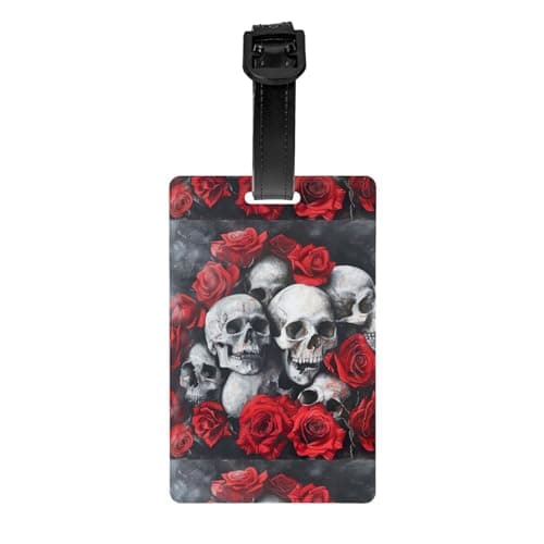 Image of Skull and Red Rose Print PVC Luggage Tag Versatile ID Holder for Strollers and Bags Practical Travel Accessory Multi-Use