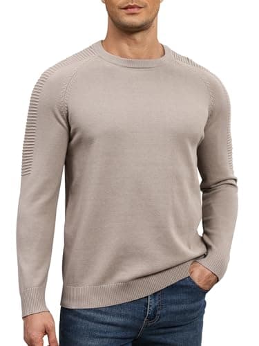 Image of Aunribor Men's Crew Neck Raglan Long Sleeve Jumper Solid Colour Thermal Knit Pullover Shoulder Ribbing Detail 100% Cotton Classic Knitwear Autumn Winter Khaki