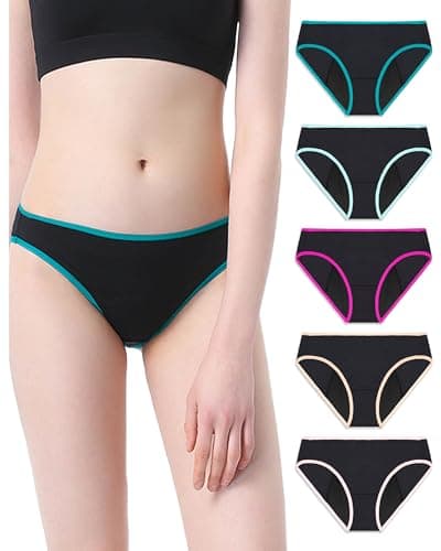 Image of Neione Period Pants for Women Leakproof Menstrual Underwear Light Flow Comfort Bikini Knickers High Leg Washable Ladies Briefs 5 Pack Black M