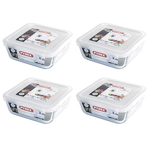 Image of Pyrex Microwave Safe Classic Square Glass Dish with Plastic Lid 0.85 Litre White (Pack of 4)