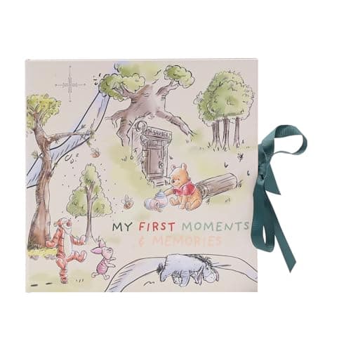 Image of Disney Winnie the Pooh Baby Memory Book – My First Moments & Memories | First Year Record Book for Boys & Girls | Newborn Gift with Ribbon Closure | Official Widdop Keepsake Album - H: 21cm x W: 21cm.