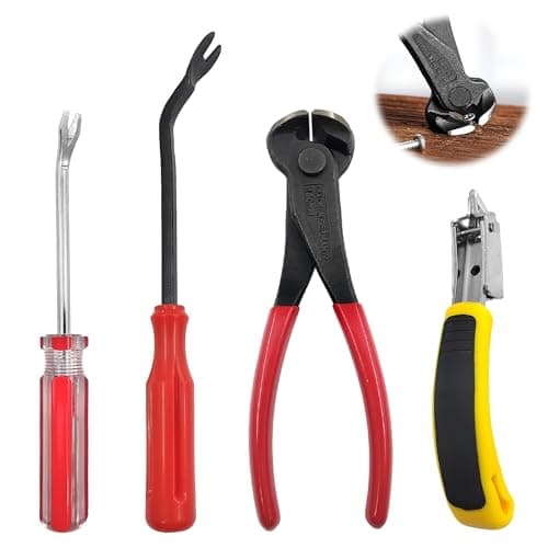 Image of 4 Pcs Nail Puller Tool Kit, Elbow Staple Remover + Red Handle Staple Remover + Flat Top Cutting Pliers + Yellow and Black Staple Remover, Pry Bar Set Hand Tools, for Furniture Floor Wall