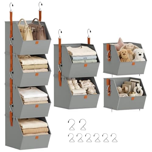 Image of Homsorout 4 Tier Hanging Wardrobe Organiser - Foldable Hanging Shelves for Clothes, Fabric Storage Box Bedroom Organization with Zip, Space-Saving Baskets for Closet, Dorm, RV, Nursery, Grey