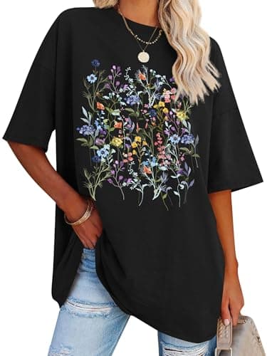 Image of Dresswel Oversized T Shirts for Women Wildflowers Floral Graphic Print Tshirt Womens Crew Neck Short Sleeve Oversize Loose Tees Summer Tops
