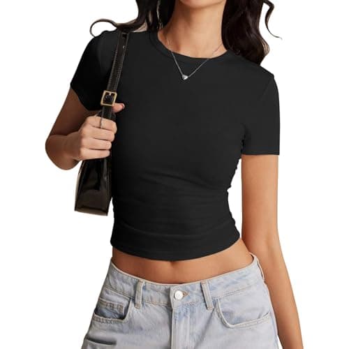 Image of Risipu Women's Short Sleeve T-Shirts Crew Neck Slim Fit Tops Sexy Basic Tee Y2k Clothes 2026 (UK, Alpha, XS, Regular, Regular, Black)