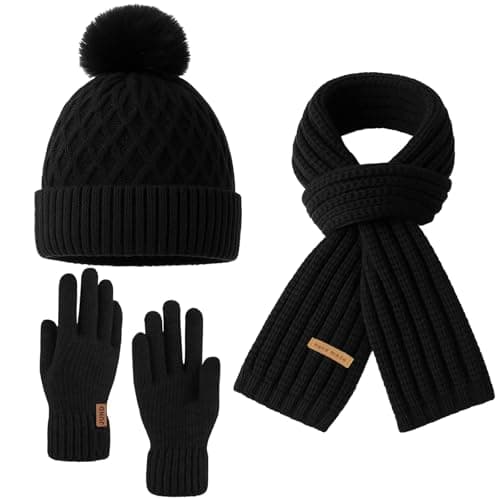 Image of SSKHE Hat Scarf and Gloves Set for Women Men, Black Beanie Hats with Pom Pom Warm Thermal Fleece Lined, Long Scarf Touch Screen Gloves, 3PCS Winter Set Warm Gift for Christmas Snow Day