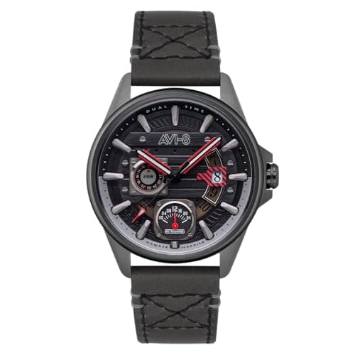 Image of AVI-8 Pilot Hawker Harrier Farley Men's Japanese Quartz 44mm Black Watch with Leather Strap AV-4098-04