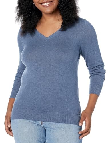 Image of Amazon Essentials Women's Regular-Fit Lightweight V-Neck Long-Sleeve Jumper (Available in Plus Size), Blue Heather, XL