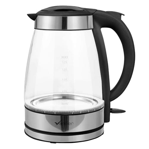Image of Vencier 1.7L Glass Electric Kettle – 2200W Fast Boil, Borosilicate Glass, BPA-Free, Auto Shut-Off & Boil-Dry Protection, Cordless with 360° Swivel Base, Push Button Lid, Black/White (Black)