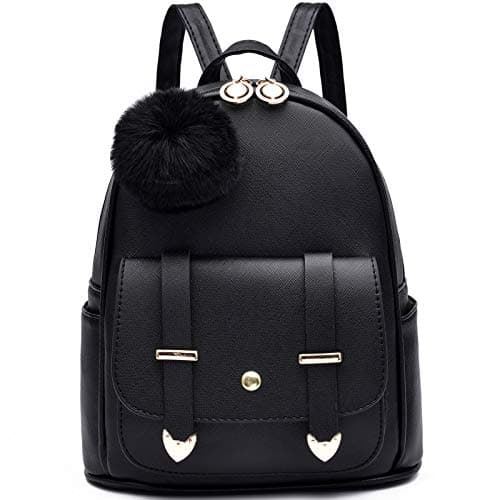 Image of I IHAYNER Girls Fashion Backpack Mini Backpack Purse for Women Teenage Girls Purses PU Leather Pompom Backpack Shoulder Bag Black
