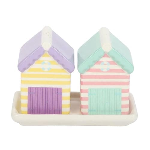 Image of Pastel Beach Hut Salt & Pepper Shakers Set | Ceramic with Matching Tray | Seaside Kitchen Decor | Coastal Gift Idea
