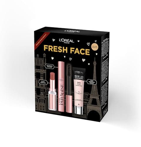 Image of L'Oréal Paris Fresh Face Primer, Lipstick & Mascara Trio Gift Set Prime Lab 24H Pore Minimiser Primer, Hydrating Balm-In-Lipstick In 191 Nude Heaven & Lash Paradise Mascara Enriched With Castor Oil