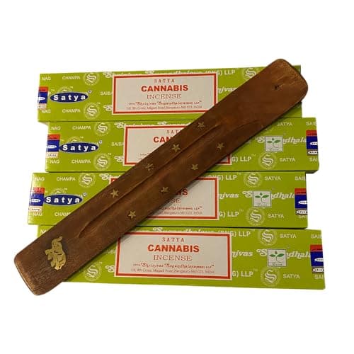 Image of VIE Premium Satya Incense Sticks, 4 Packs x 15g, with Incense Holder, Cannabis